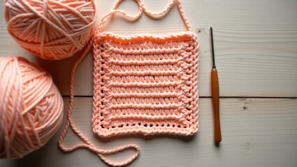 Closeup view of a handmade crochet square pattern, yarn coil, hook, and knitting supplies on a wooden surface with copyspace.