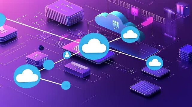 An illustrative depiction of cloud computing, technology, data storage, and digital connection in a futuristic design.