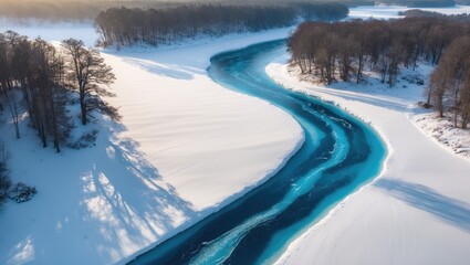 Stunning sunny landscape featuring a forest, snow, and a frozen river. Aerial photography captured from a drone.