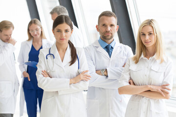 doctors meeting in hospital in white