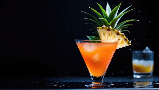Cocktail named sex on the beach, presented at a bar and decorated with a slice of pineapple.