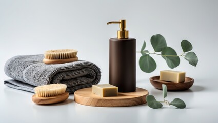 Set of bath and personal hygiene accessories against a white background.