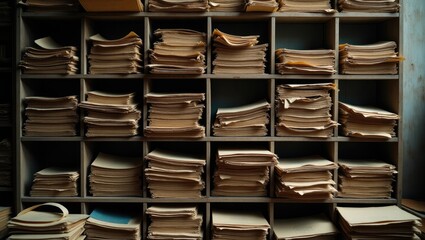 shelves filled with documents in a disorganized vintage archive