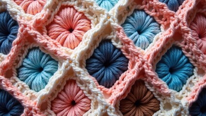 Seamless knitted texture featuring a honeycomb pattern crocheted from yarn, designed with a shell motif.