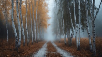 Fototapeta premium A picturesque view featuring birches in a yellow autumn birch forest amidst other birches in a birch grove shrouded in fog.
