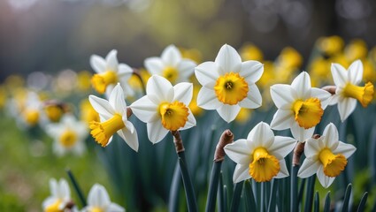 Fototapeta premium Narcissus flowers in detail. Spring floral background. Daffodils blooming in the field. White blooms against a dark backdrop. Seasonal wallpaper for design purposes.