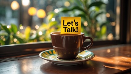 Note on a coffee cup in a cafe featuring the text LET'S TALK, representing the idea of having tough conversations with loved ones, partners, children, colleagues, bosses, staff, or family, to enhan...