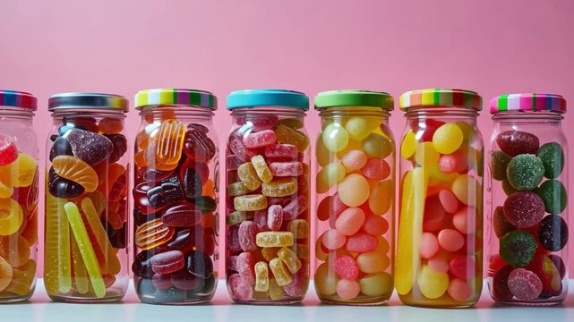 Colorful Candy Jars with Assorted Sweets Gummy, Jelly Bean, and Hard Candy Delight in Glass with Pink Lids Against Vibrant Background