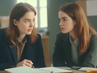 two women intently studying documents, serious expressions, focused, indoor setting