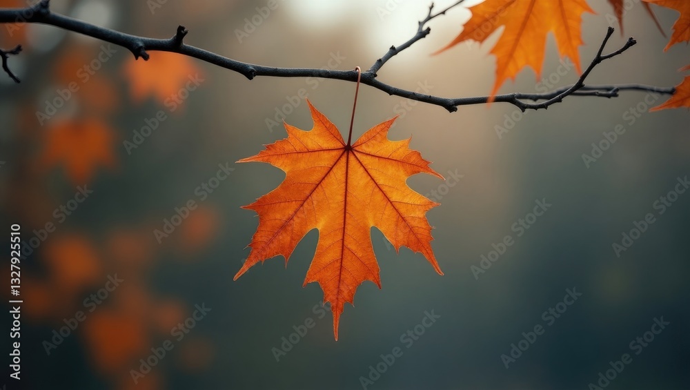 Poster Dry maple leaf suspended from a tree on a cloudy day. Dry brown maple leaf dangling from a branch swayed by gusts of wind.