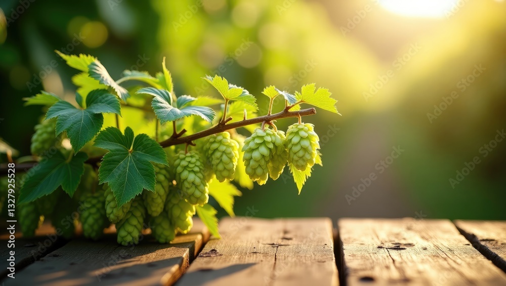 Poster Product display - rustic wooden table set against a backdrop of a plantation filled with green ripe hop cones illuminated by sunlight. Brewery concept background featuring space for text.