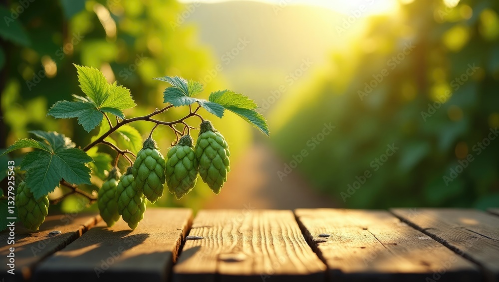 Poster Rustic wooden table display in front of a plantation of green ripe hop cones illuminated by sunlight. Brewery concept background with space for text.