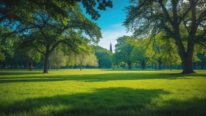 Lush meadow featuring green grass in expansive public park.