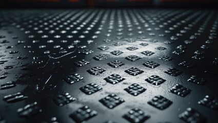 Seamless floor plate made of metal featuring a diamond pattern on a black metal background or black steel surface.