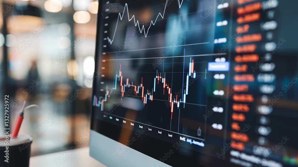Poster dynamic stock market chart and financial data analysis on computer screen exploring trends and graph
