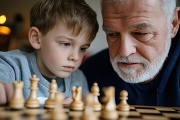 A tender moment shared between a grandfather and his grandson as they dive into an intense game of chess, highlighting the bond and joy of family interactions.