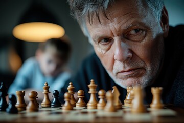 A focused elderly man engages in a chess match, illustrating the intensity of the game and the deep concentration required for strategic thinking and planning.