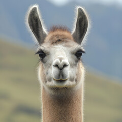 Fototapeta premium Close-up portrait of a llama, showcasing its soft fur and expressive eyes against a blurred mountain background. The llama's calm demeanor adds to the image's serene mood.