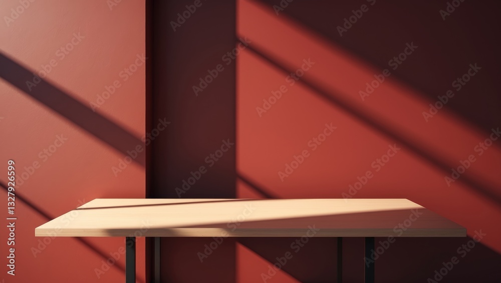 Poster Empty table against a dark red wall. Background featuring window light and shadow. Mockup for branding presentation, product display. Premium backdrop.