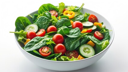Bowl of salad featuring spinach, cherry tomatoes, lettuce, cucumber, and an assortment of other vegetables set against a white background.