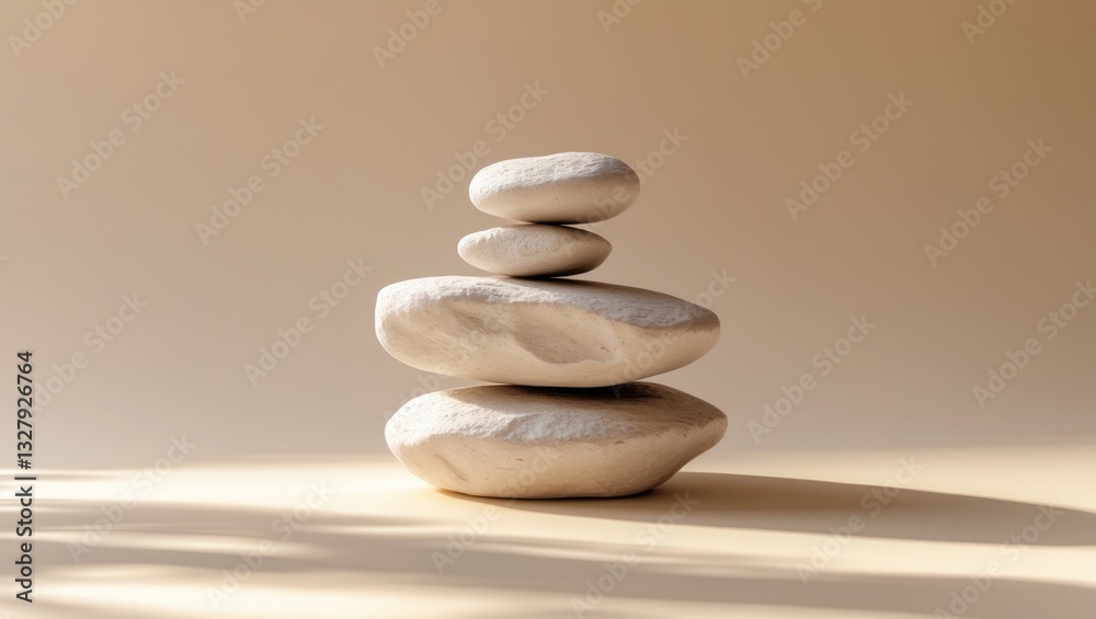 Poster Empty stack of stones on a beige background. Minimalist display for product presentation.