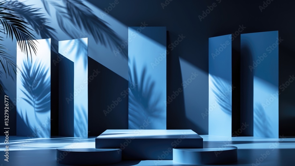 Poster abstract blue backdrop featuring palm leaf shadows for showcasing a cosmetic product. a setting with