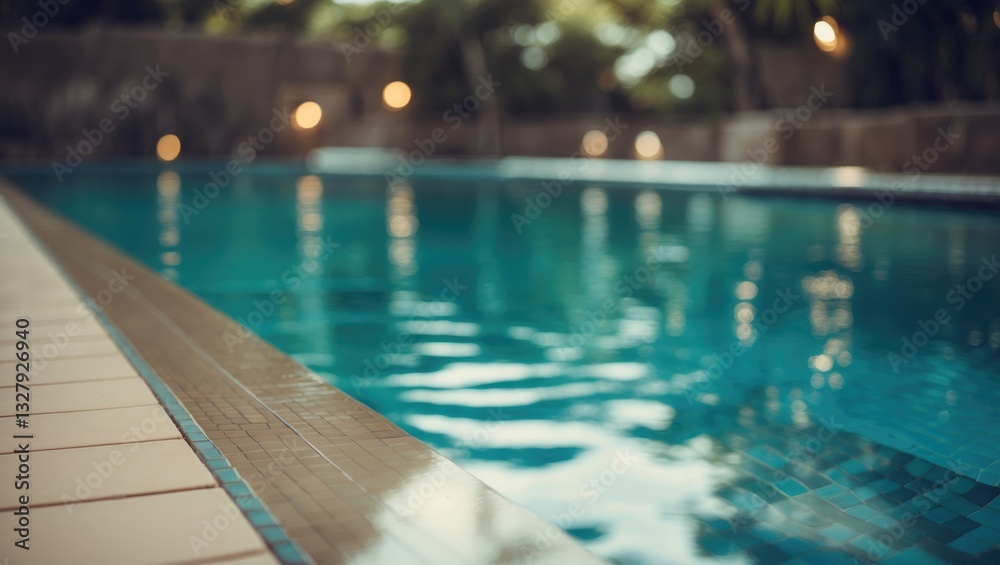 Poster summer pool backdrop. vacant area on the pool's edge, stone tiles, and blurred swimming pool at a tr
