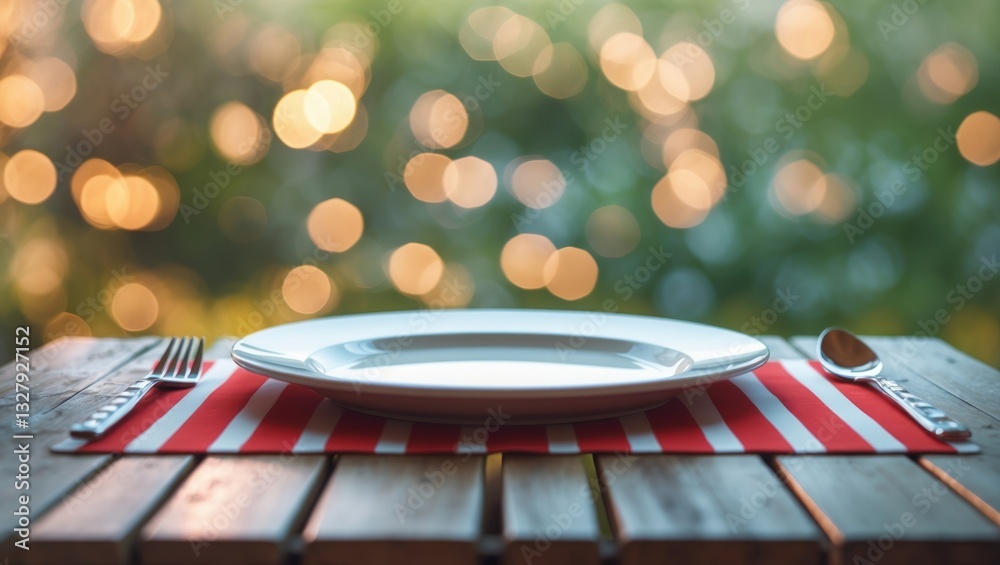 Poster Empty plate with silverware on a wooden table against a bokeh background.