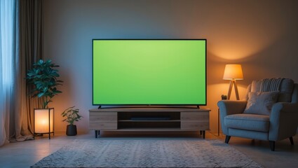 Shot of a TV with Horizontal Mock Up. Cozy Living Room in the Evening Featuring a Chair and Lit Lamps at Home.