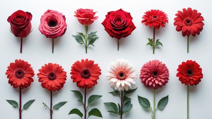Selection of Different Red Flowers Isolated on White Background. Collection of Nine Blossoms