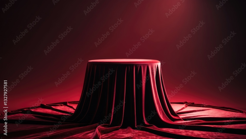 Poster cylinder podium draped with red cloth in the background. premium empty fabric pedestal for displayin