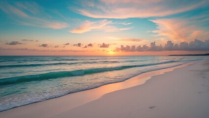 Closeup view of a peaceful beach. Tranquil natural landscape. Inspiring tropical seascape with wave horizon. Soft golden sunset over sea, sand, and sky. Calm and relaxing summer vacation background.