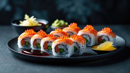 Sushi rolls decorated with colorful salmon roe, accompanied by soy sauce on a contemporary plate.