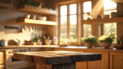 Wooden table with wooden pedestal and available space for your decoration. Kitchen setting featuring shelves. Natural sunlight and shadows. Mockup area for your products.