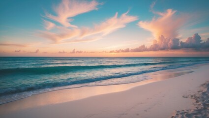 Closeup beach view depicting peace. Serene natural landscape. Inspiring tropical seaside seascape with wave horizon. Soft golden sunset over sea, sand, and sky. Calm, relaxing summer vacation backd...
