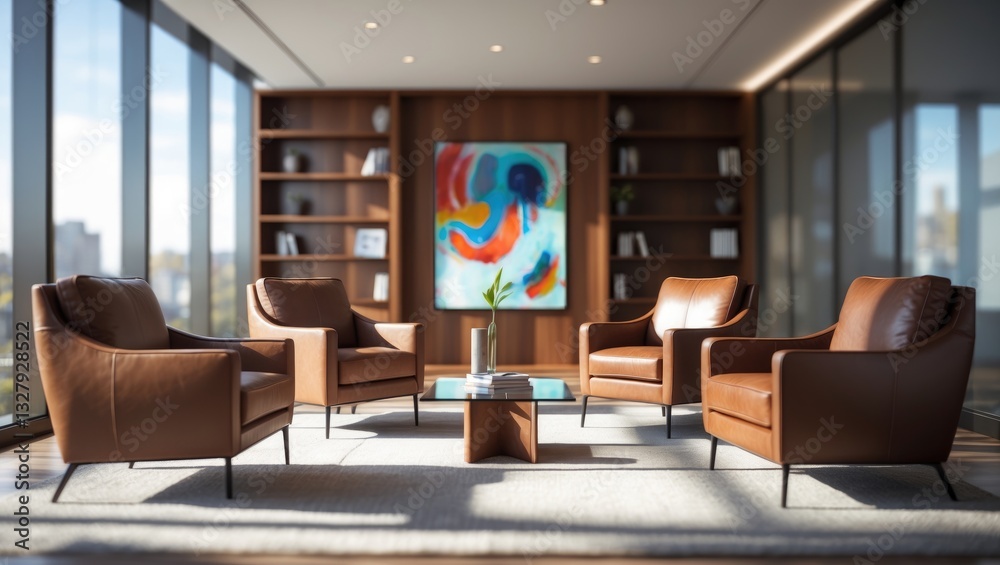 Poster blurred background of a modern office interior featuring brown leather chairs, an abstract artwork, 