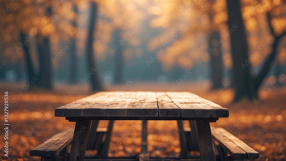 Poster Empty rustic table in front of a scenic backdrop. Product display and picnic idea.