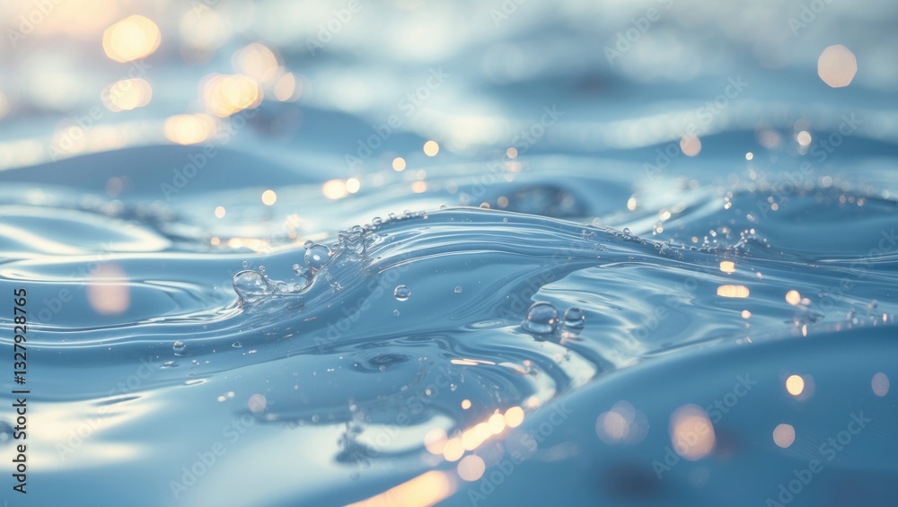 Poster de-focused blurred transparent blue colored calm water surface texture featuring splashes and bubble