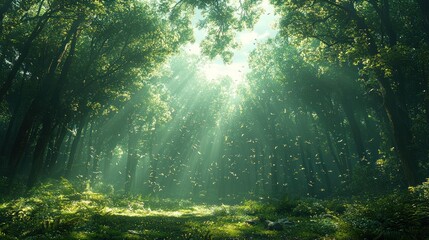 Obraz premium Sunbeams illuminate a magical forest filled with flying insects.