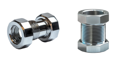 Close-Up View of Two Metallic Pipe Connectors with Detailed Textures