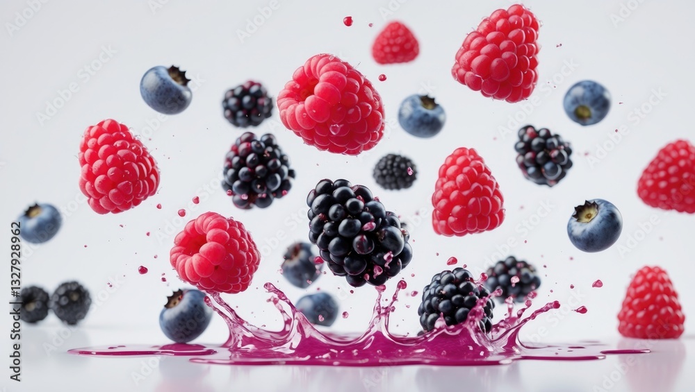 Poster Different berries and juice splashing isolated on a white background