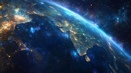 Obraz premium Earth at Night Glowing City Lights and Starry Space Background