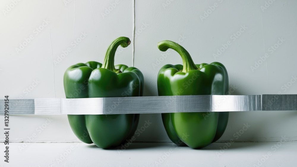Poster a green pepper is firmly secured to a wall with duct tape, illustrating a creative and conceptual me