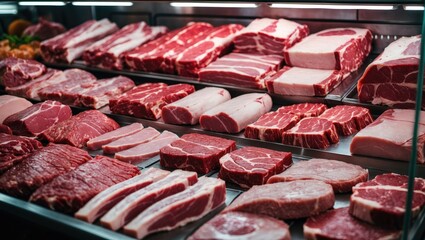 Selection of raw meat on the counter. Options include beef, pork, cutlets, and minced meat. BBQ offerings at the deli include shashlik, meat tenderloin, fillet, and proteins.