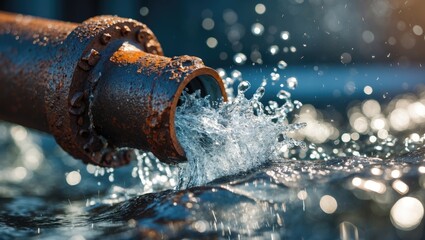 Rusty pipe bursting and spraying water after freezing.