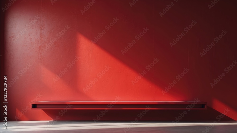 Poster Empty vibrant red studio backdrop, product display area with copy space for showcasing content design. Banner for product promotion.