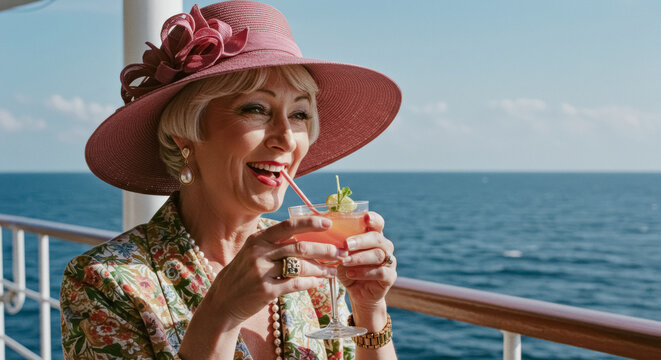 A smiling retiree woman in a pink hat enjoys a refreshing cocktail on the deck of a cruise