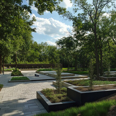 Fototapeta premium Serene garden landscape design with meticulously placed plants and stone pathways.