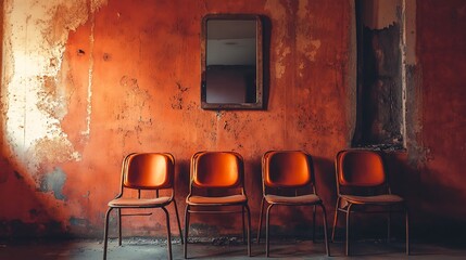 Row of Chairs Against a Textured Wall with Mirror in Room