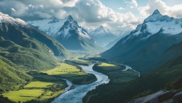Scenic mountain valley featuring a twisting river along with snow-capped peaks.